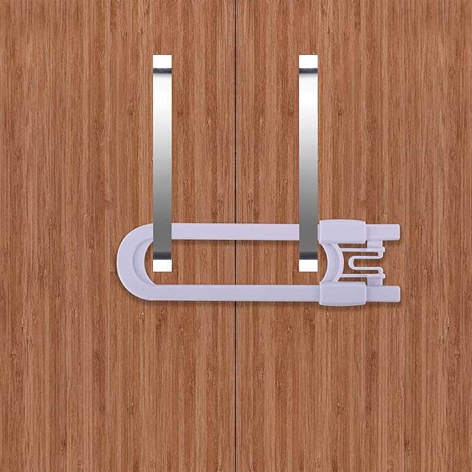 Sliding Cabinet Locks Baby Proofing ??Adjustable Child Safety Latches for Knobs & Handles ??4 Pack ??No Adhesive Drilling or Tools - White
