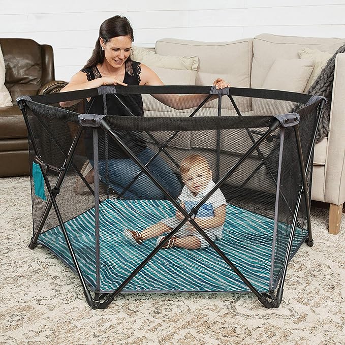 Baby Delight Go With Me Eclipse Mesh Portable Playard | Playpen | Sun Canopy | Indoor and Outdoor | Watercolor Stripe Base