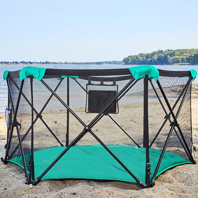 Summer Infant Pop ?˜N Play Deluxe Ultimate Playard, Aqua Splash - Full Coverage Indoor/Outdoor Portable Play Pen with Fast, Easy and Compact Fold