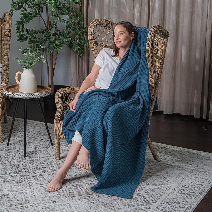 Comfy Cubs 100% Cotton Waffle Weave Throw Blanket Breathable Skin-Friendly Soft Lightweight Blankets - Perfect Warm Textured Blanket Layer - Size for Couch Bed & Sofa (Neptune, 50" X 60")