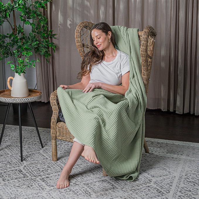 Comfy Cubs Waffle Blanket Twin, 90" x 66" - 100% Cotton Lightweight Breathable Bed Blanket - Soft Textured Thermal Weave for All Seasons – Decorative Cozy Layer for Couch, Sofa, or Bed - Sage