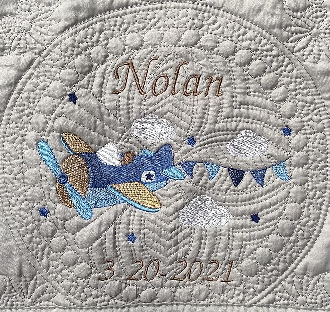 Personalized Baby Blanket Quilt | Monogrammed Blankets for Boys and Girls | Embroidered Baby Gifts | (Airplane)