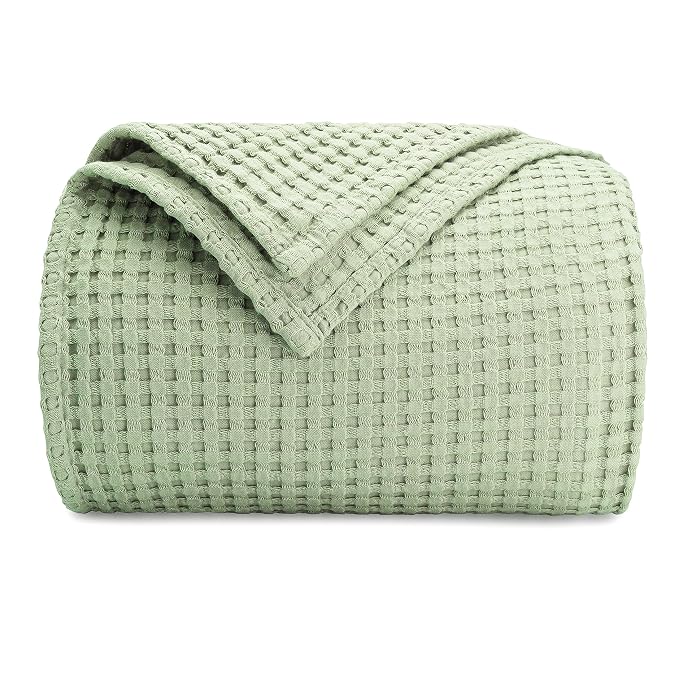 Comfy Cubs Waffle Blanket Queen, 90" x 90" - 100% Cotton Lightweight Breathable Bed Blanket - Soft Textured Thermal Weave for All Seasons – Decorative Cozy Layer for Couch, Sofa, or Bed - Sage