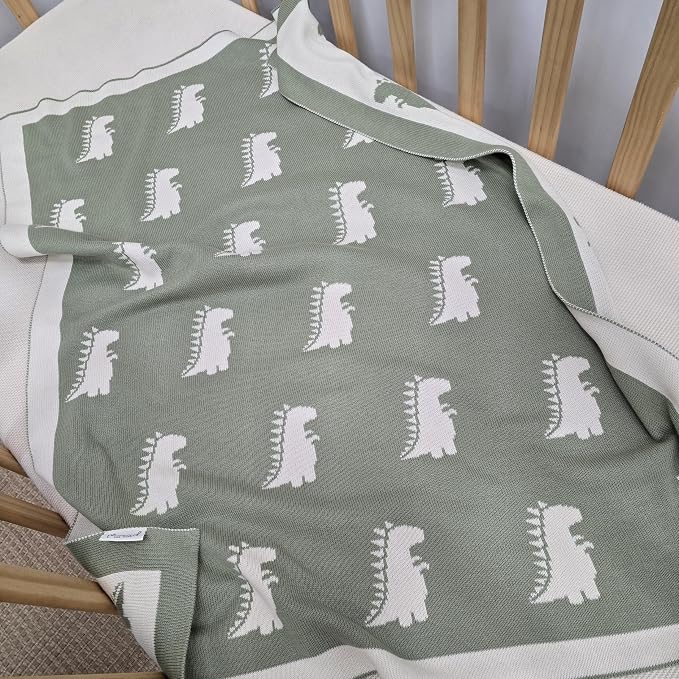 The Dinosaur Blanket - 100% Organic Cotton Baby Blanket, American Made, 30x40in - Bassinet, Crib, Stroller - Gift Registry Baby Shower for Newborns and Kids