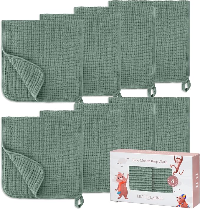 Muslin Burp Cloths, 20"x10"- Pack of 8, 6 Layers Super Soft Absorbent & Breathable 100% Cotton for Baby Drool and Messes, Burp Cloth Baby Boy and Burp Cloths Baby Girl
