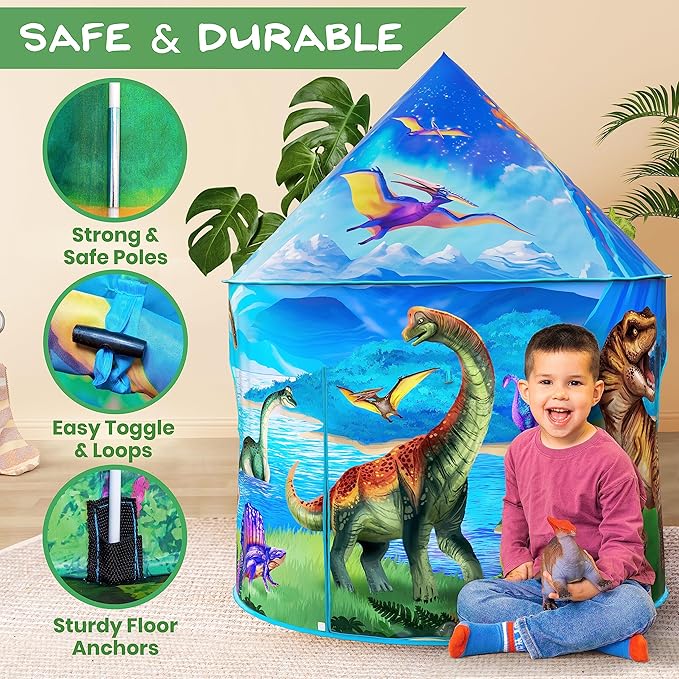 W&O Dino Paradise Play Tent with Roar Button, Dinosaur Toys and LED Lights - Epic Pop Up Tent for Boys & Girls - Perfect for Indoor & Outdoor Adventures